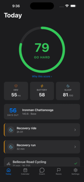 Today screen showing a readiness score of 79 with HRV, body battery, and sleep metrics, plus a race countdown and today's workouts