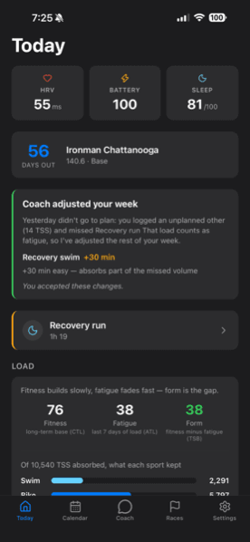 Coach adjusted your week card explaining why a missed run and unplanned activity changed the rest of the training week