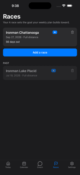 Races screen with an A-priority Ironman race 56 days out that the weekly plan builds toward