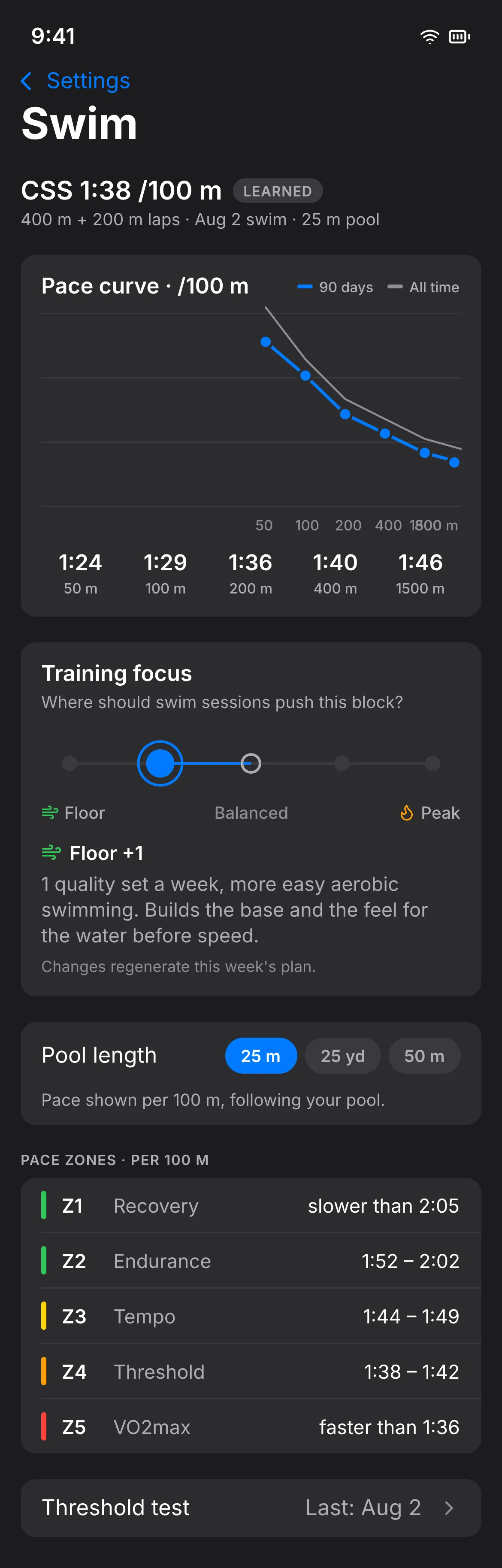 Swim settings: CSS 1:38 per 100 m, pace curve and swim pace zones