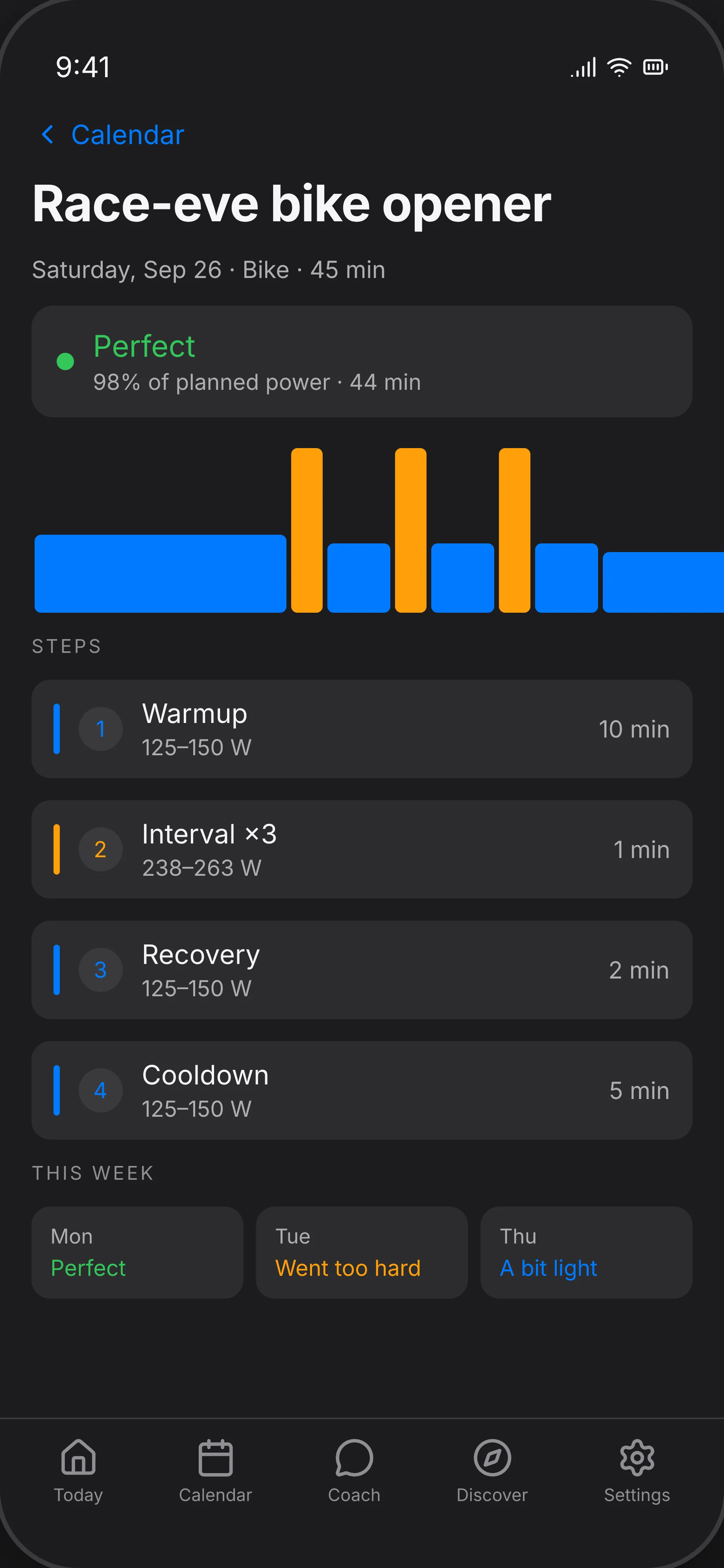 A bike workout with warmup, three intervals and cooldown, each with a power range in watts